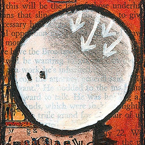 Painting and collage on a book page of an expressionless figure with downward facing arrows behind its eyes. An Egyptian boat is collaged in the bottom, and words bad and wrong are highlighted in the book text.