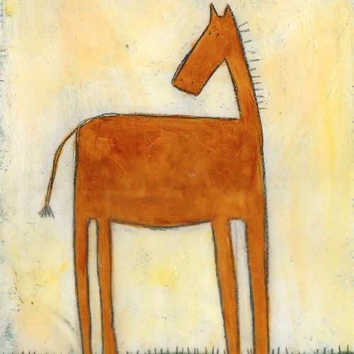 Abstract painting of a brown horse standing in green grass against a textured white and yellow background. The word horse is written in pencil in the sky.