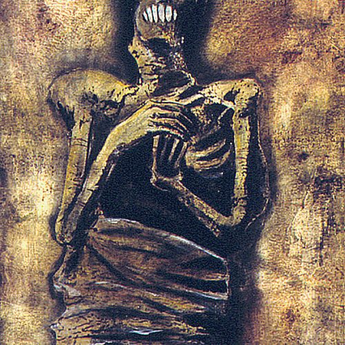 Abstract painting and collage of a mummy on a textured background. The mummy's teeth are emphasized with thick lines of white paint.
