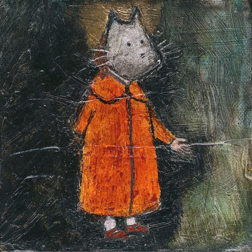 Painting of a girl in an orange coat and red shoes. Her hand is outstretched, and she is wearing a cat mask. The heavily-textured background is mostly green and black, with a gold glow behind the girl's head.