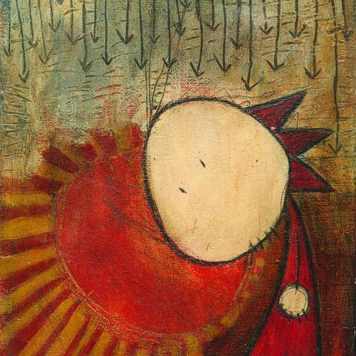 Painting of an abstract figure with an expressionless face. Above, downward-facing arrows cover the sky. Behind the figure, a red sun radiates light.