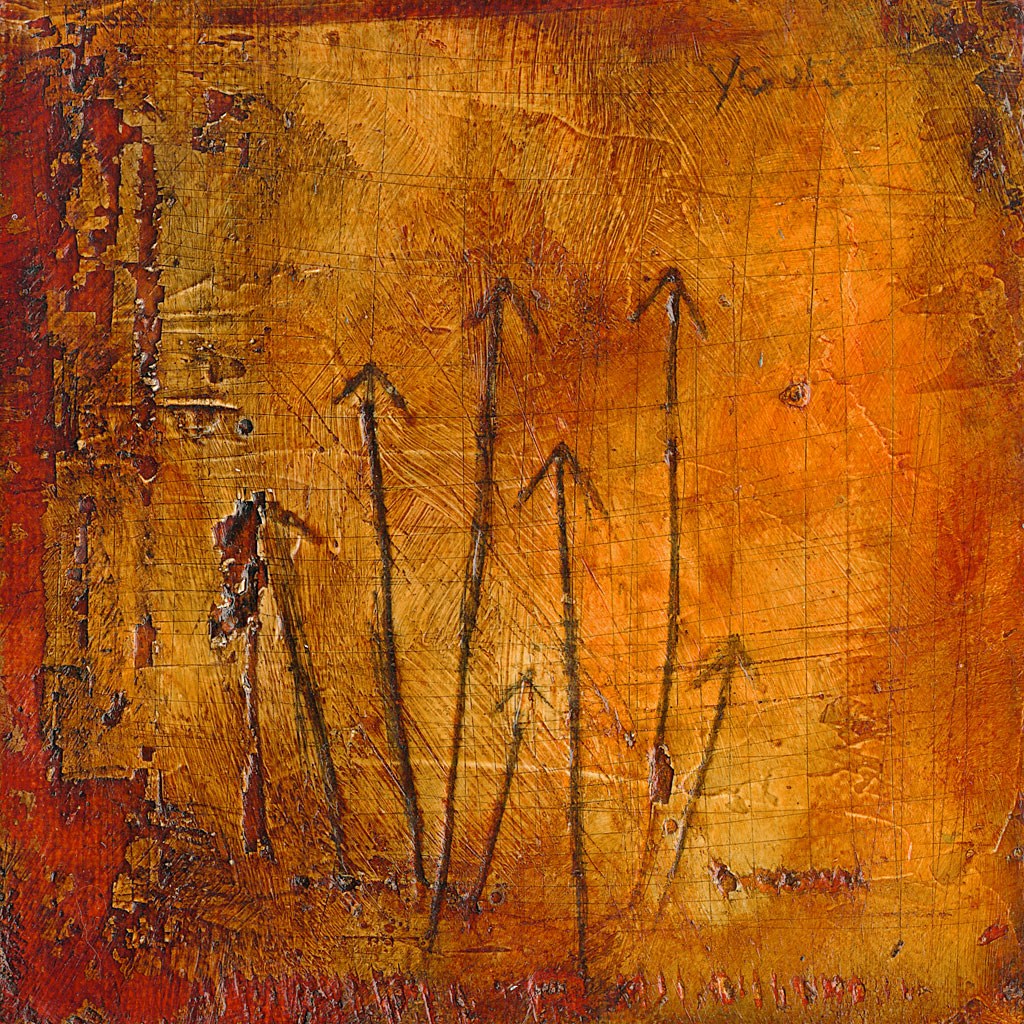 Heavily-textured abstract painting. The background is primarily red and yellow. A series of upward-facing arrows are drawn in pencil.