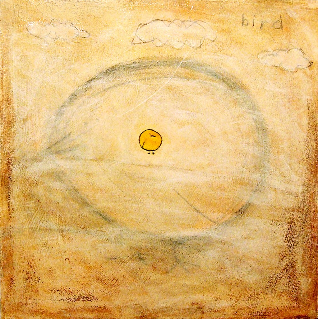 Abstract pinging of a tiny yellow bird. Clouds and the word bird are drawn in pencil.