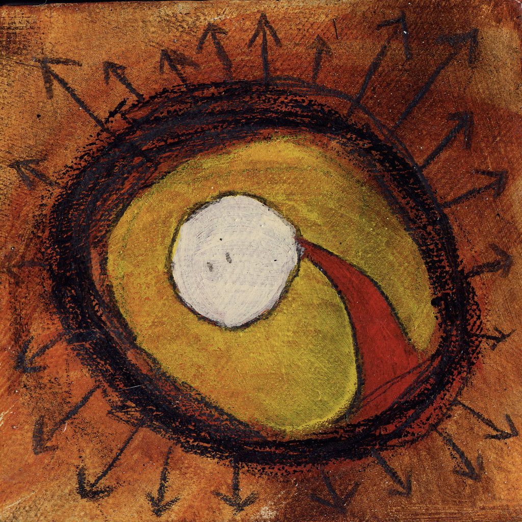 Abstract painting of an expressionless figure within a scribbled circle. The circle is surrounded by outward-facing arrows.