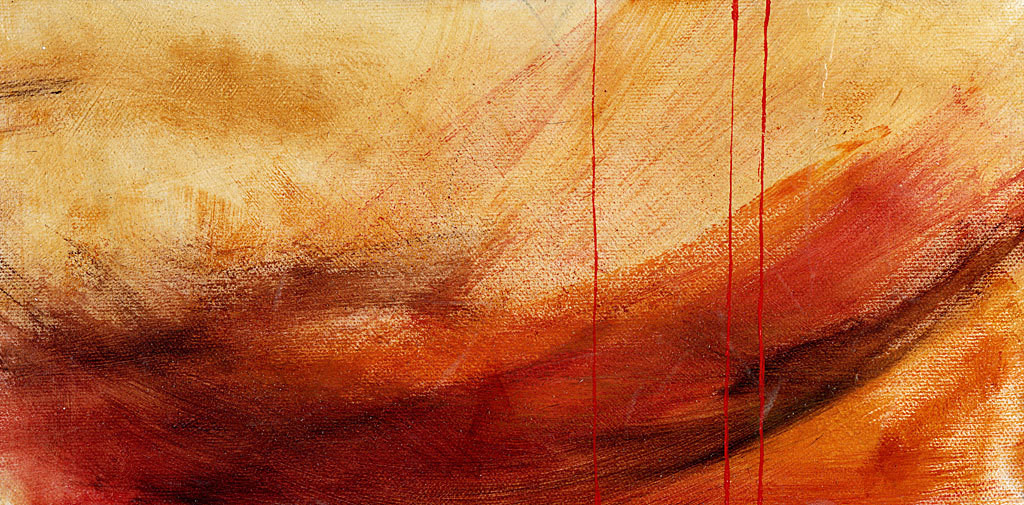 Abstract painting. The background is primarily yellow and brown. Red and brown steaks the bottom, and three red vertical lines overlay everything.