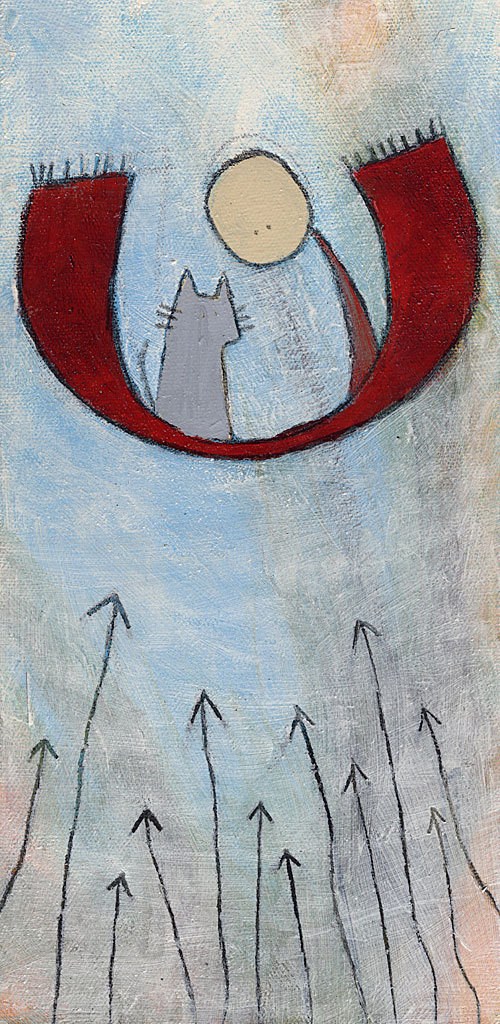 Vertical painting. An abstract, expressionless figure and a gray cat ride a red magic carpet that floats above a series of upward-facing arrows.