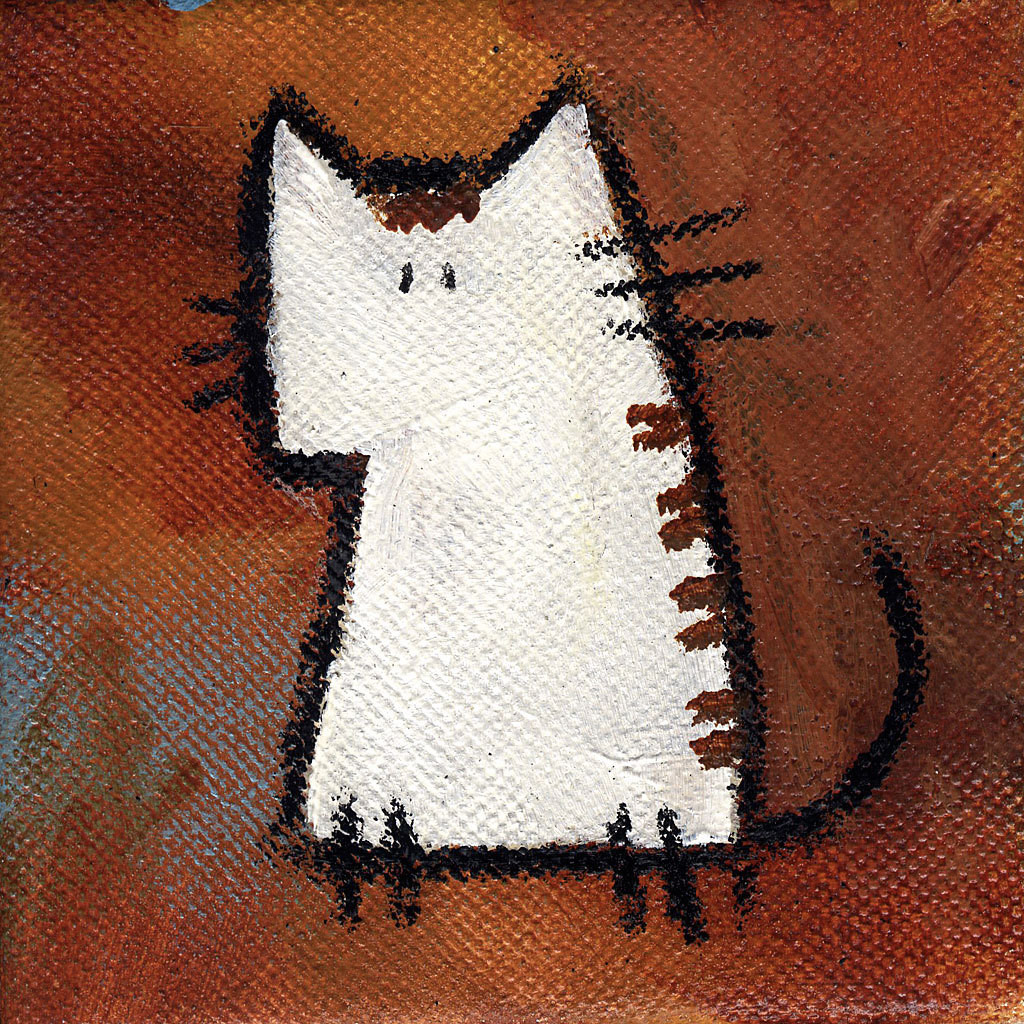 Abstract painting of a white cat with brown stripes on a rust-colored background.