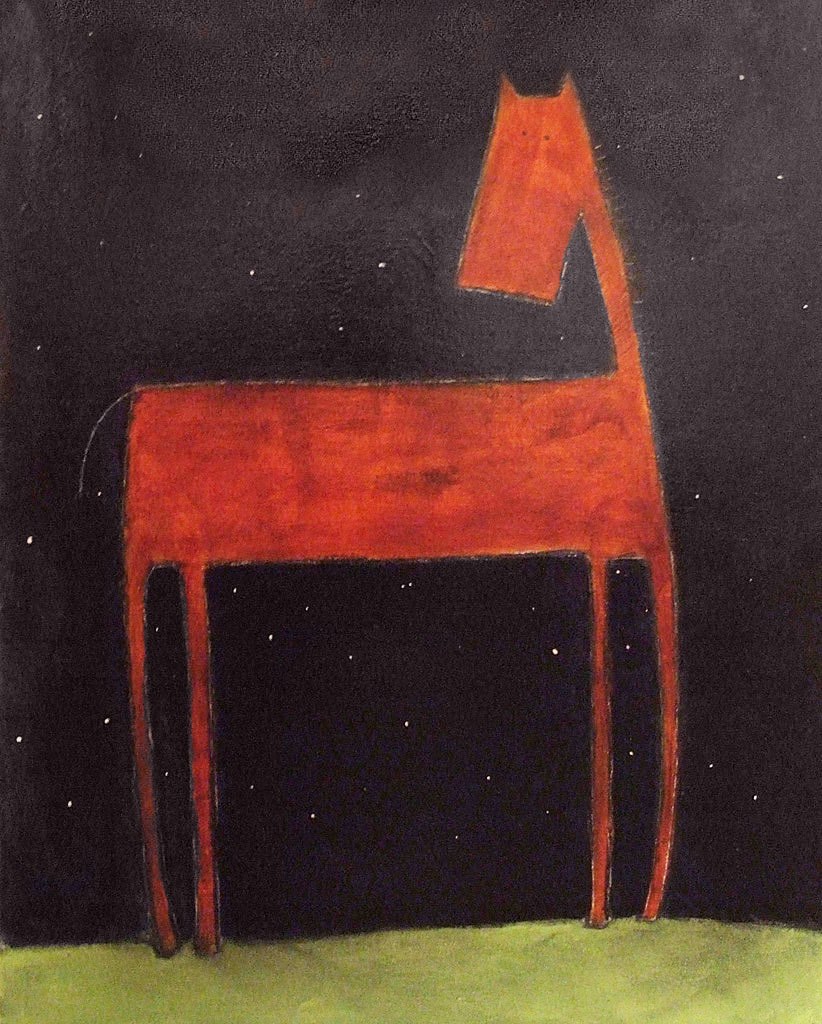 Abstract painting of a brown horse in a green field at night. Tiny white stars dot the sky.