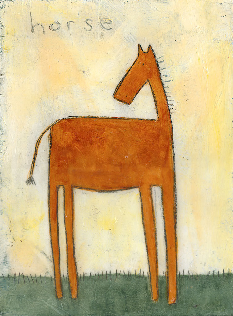 Abstract painting of a brown horse standing in green grass against a textured white and yellow background. The word horse is written in pencil in the sky.