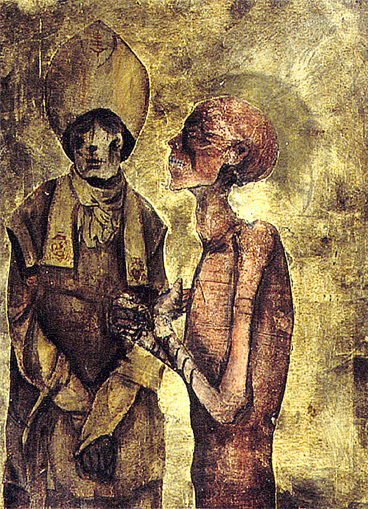 Abstract painting and collage of two mummies. One, dressed in religious garments, including a pointed hat, faces the viewer. The other, in profile, is tinted red and has bandaged hands and forearms.