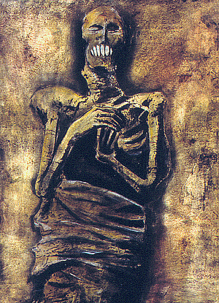 Abstract painting and collage of a mummy on a textured background. The mummy's teeth are emphasized with thick lines of white paint.