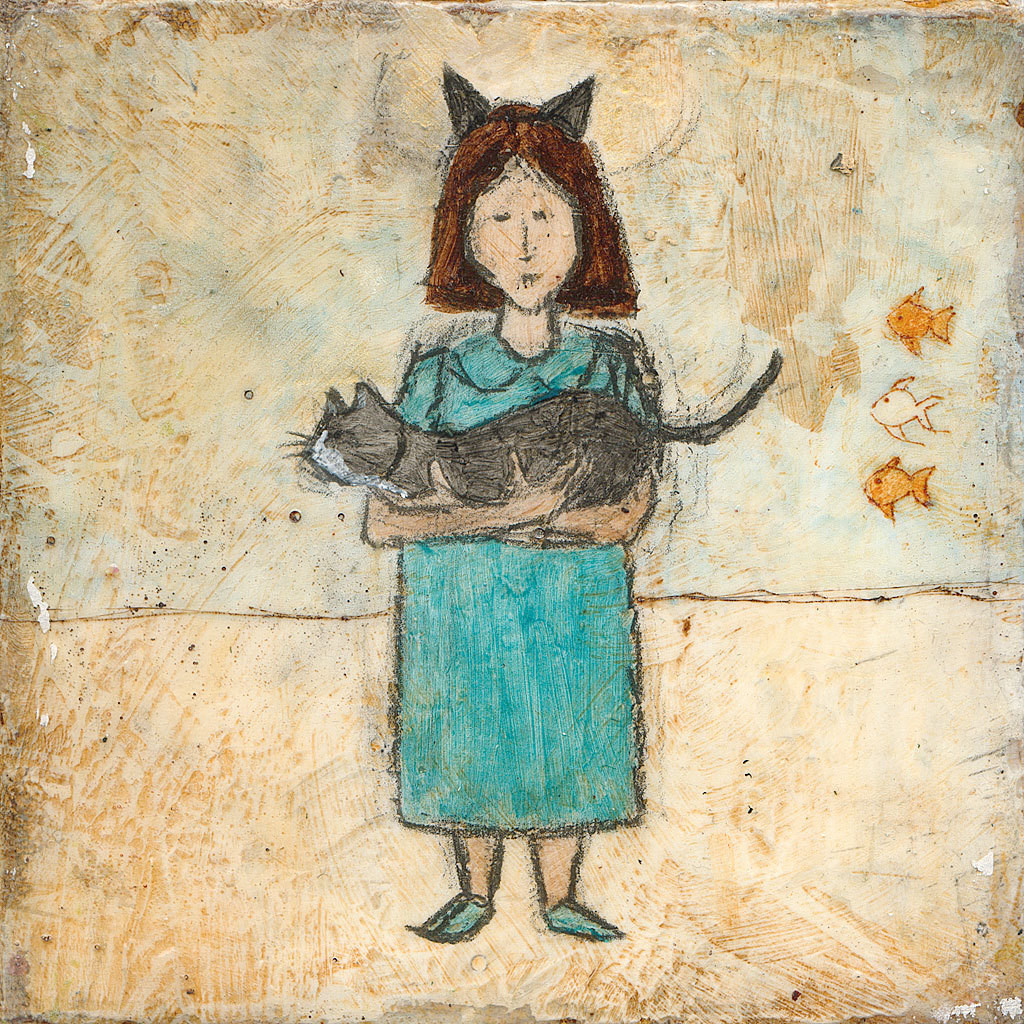 Painting with a heavily-textured abstract background. In the foreground is a girl in a blue dress, wearing cat ears and holding a gray cat. To the girl's left float three fish, stacked vertically. The top and bottom fish are orange. The middle fish is white.