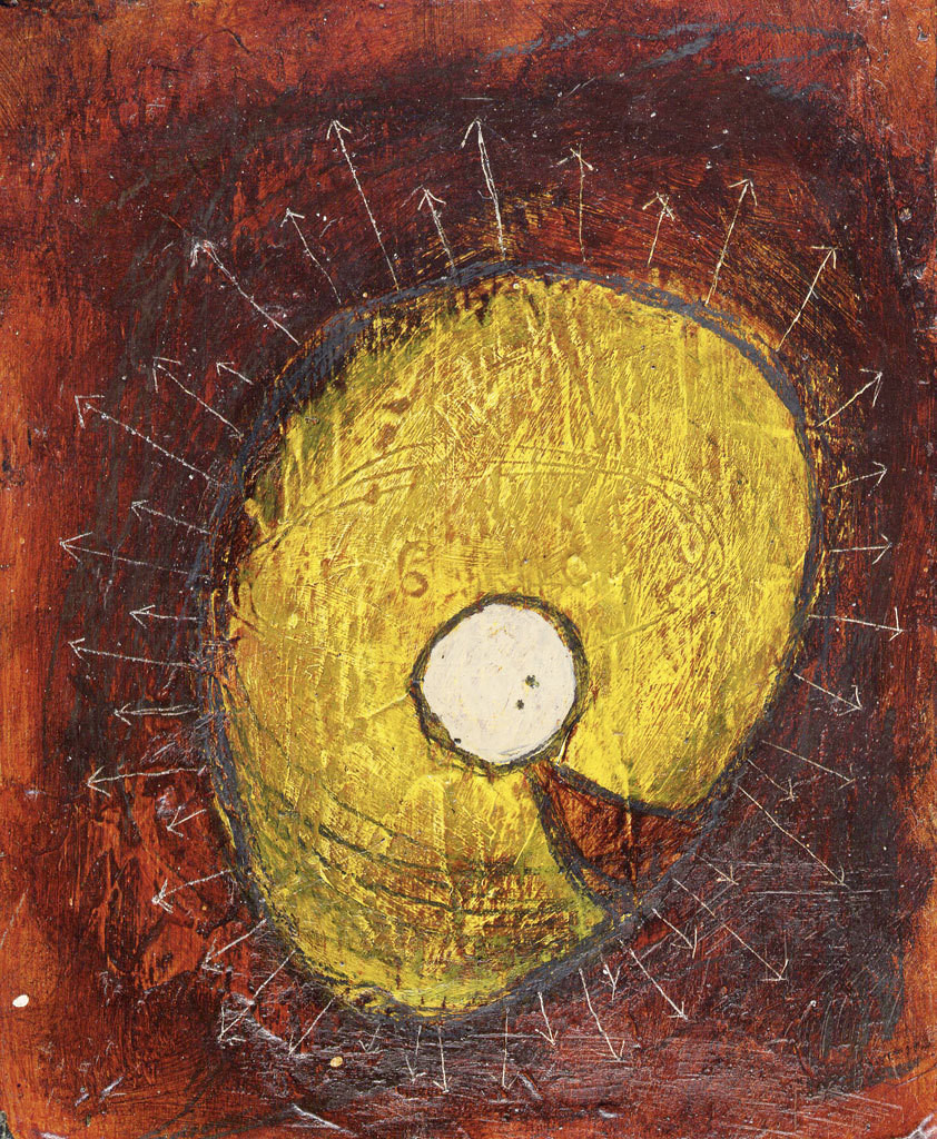 Abstract painting of an expressionless figure in a circle. The circle is surrounded by outward-facing arrows.