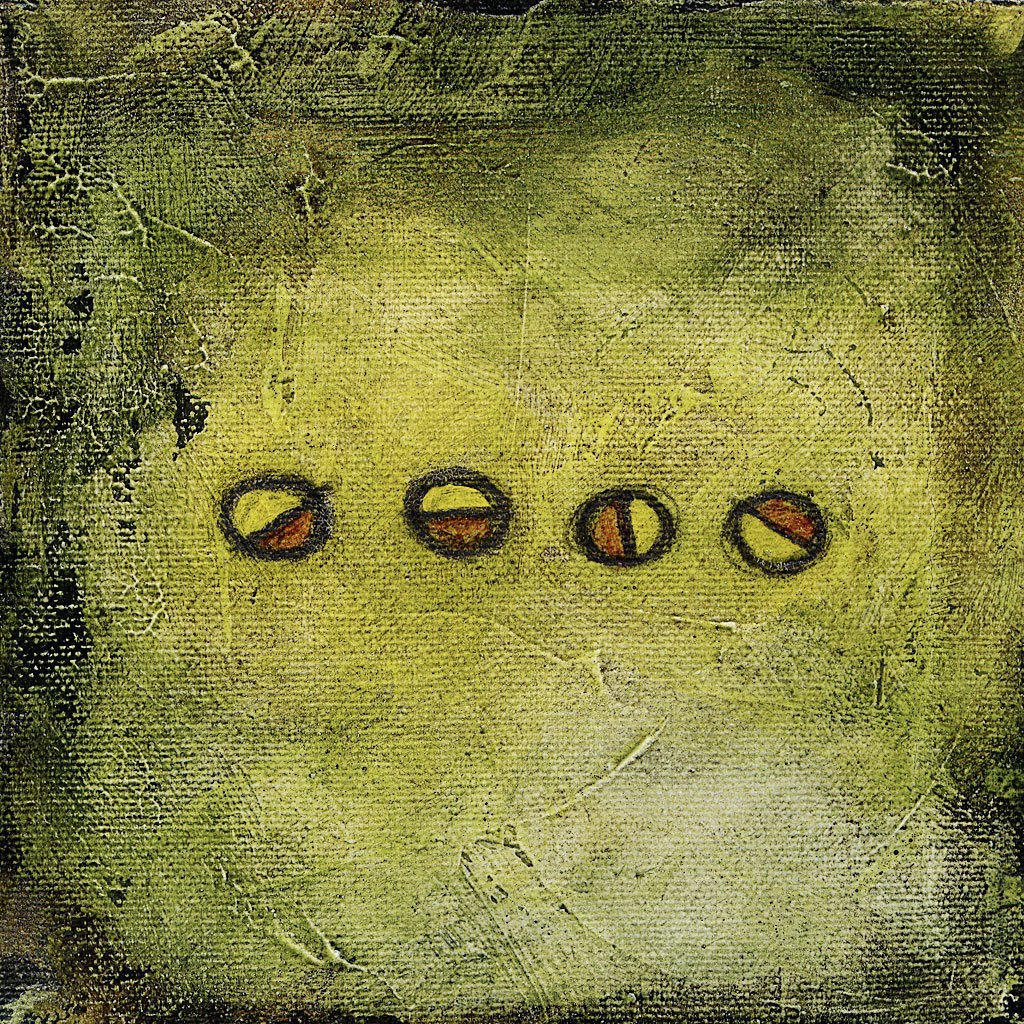 Heavily-textured abstract painting with a green background. Four seeds are drawn in pencil. Each is half yellow-green and half rust-colored.