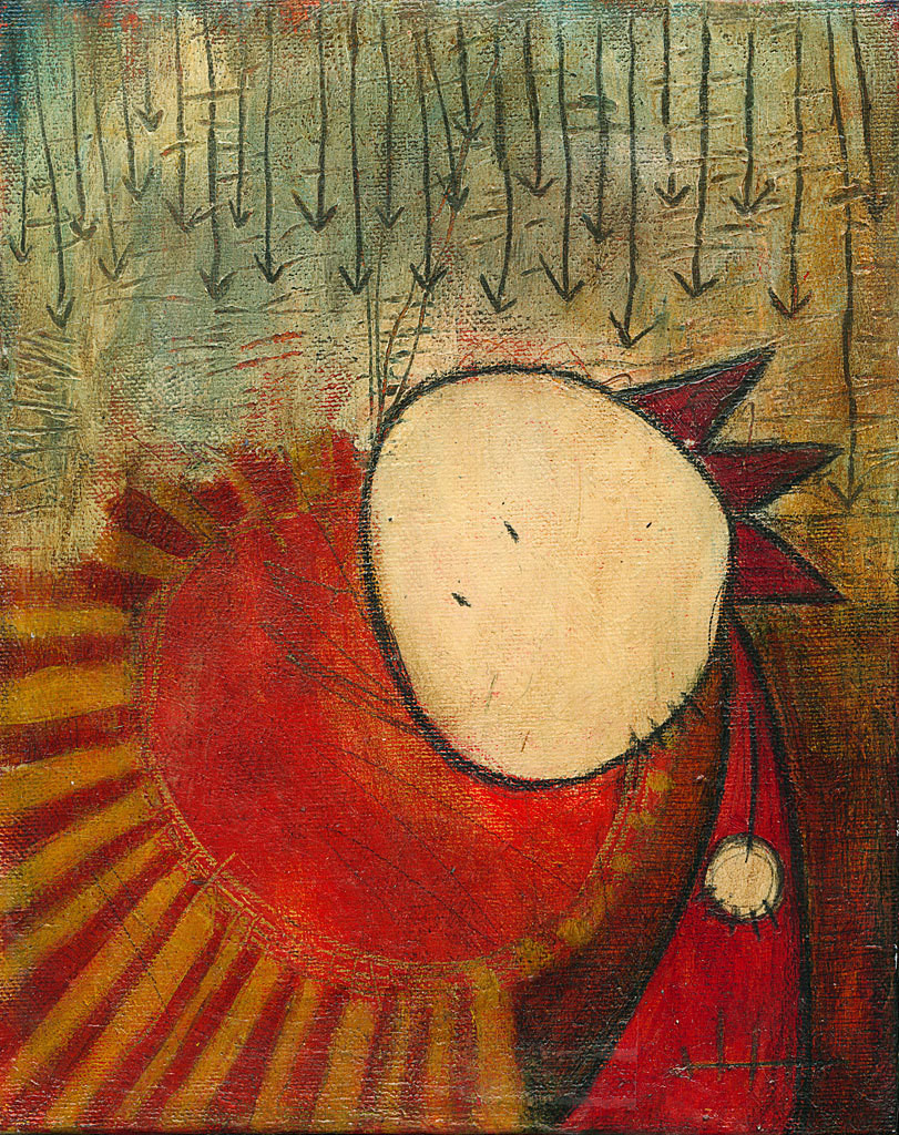 Painting of an abstract figure with an expressionless face. Above, downward-facing arrows cover the sky. Behind the figure, a red sun radiates light.