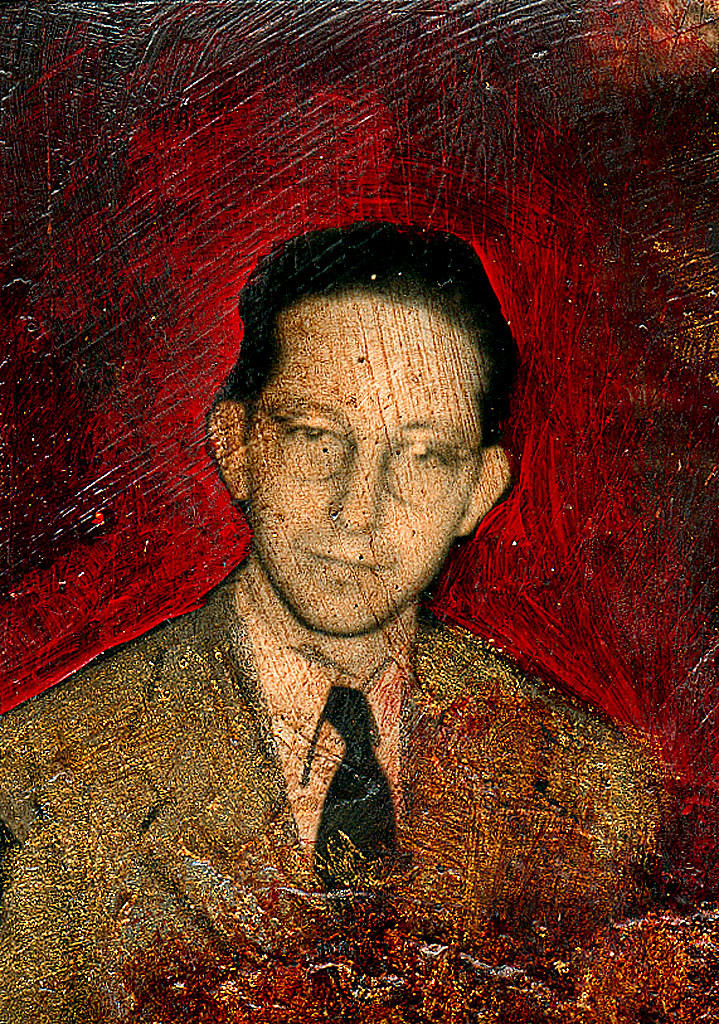 Black and white photograph from the 1930s of a man wearing glasses. The background is painted red and brown, and the entire thing is textured and appears dirty.