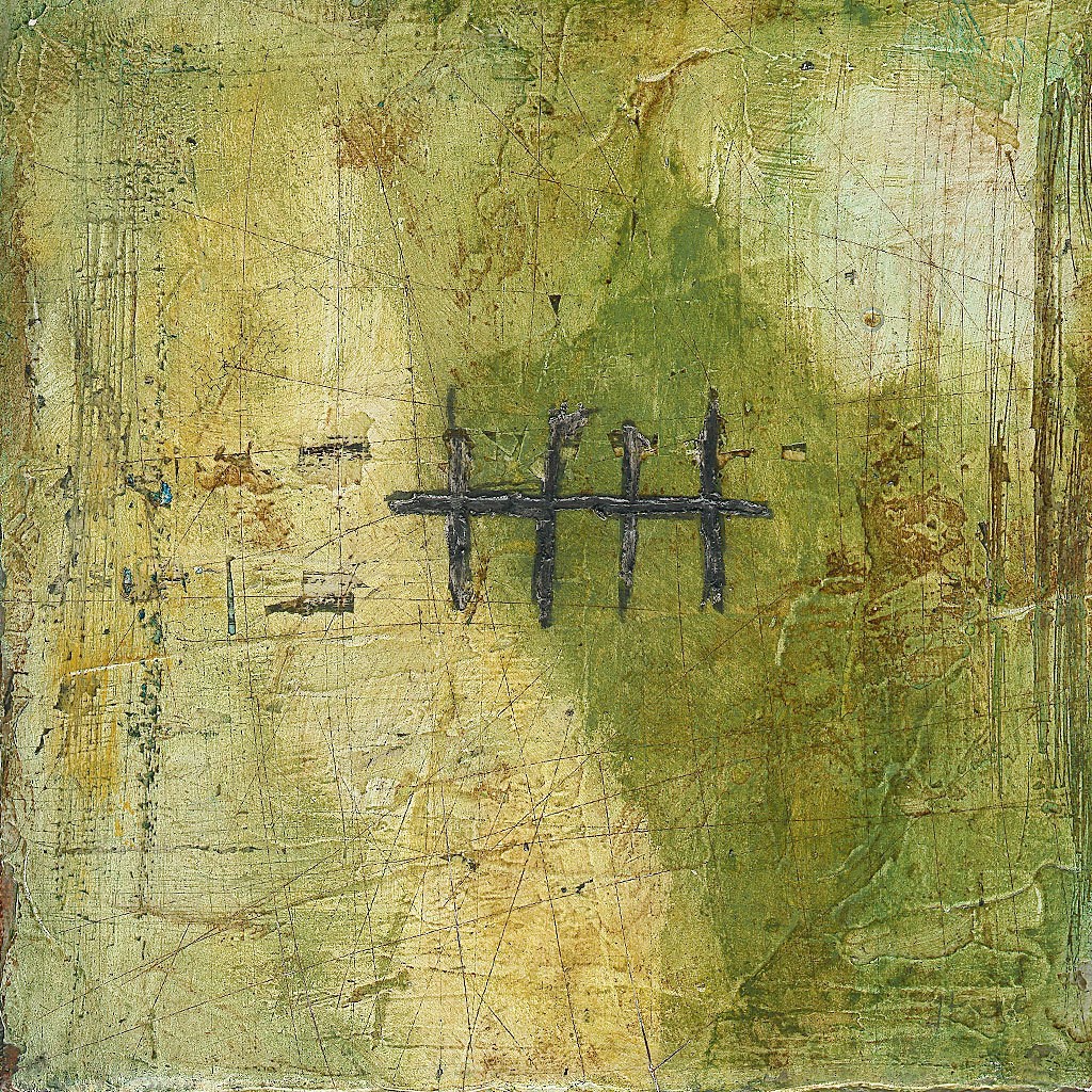 Green, heavily-textured abstract painting. There are four thick vertical pencil lines bisected by a long horizontal line.