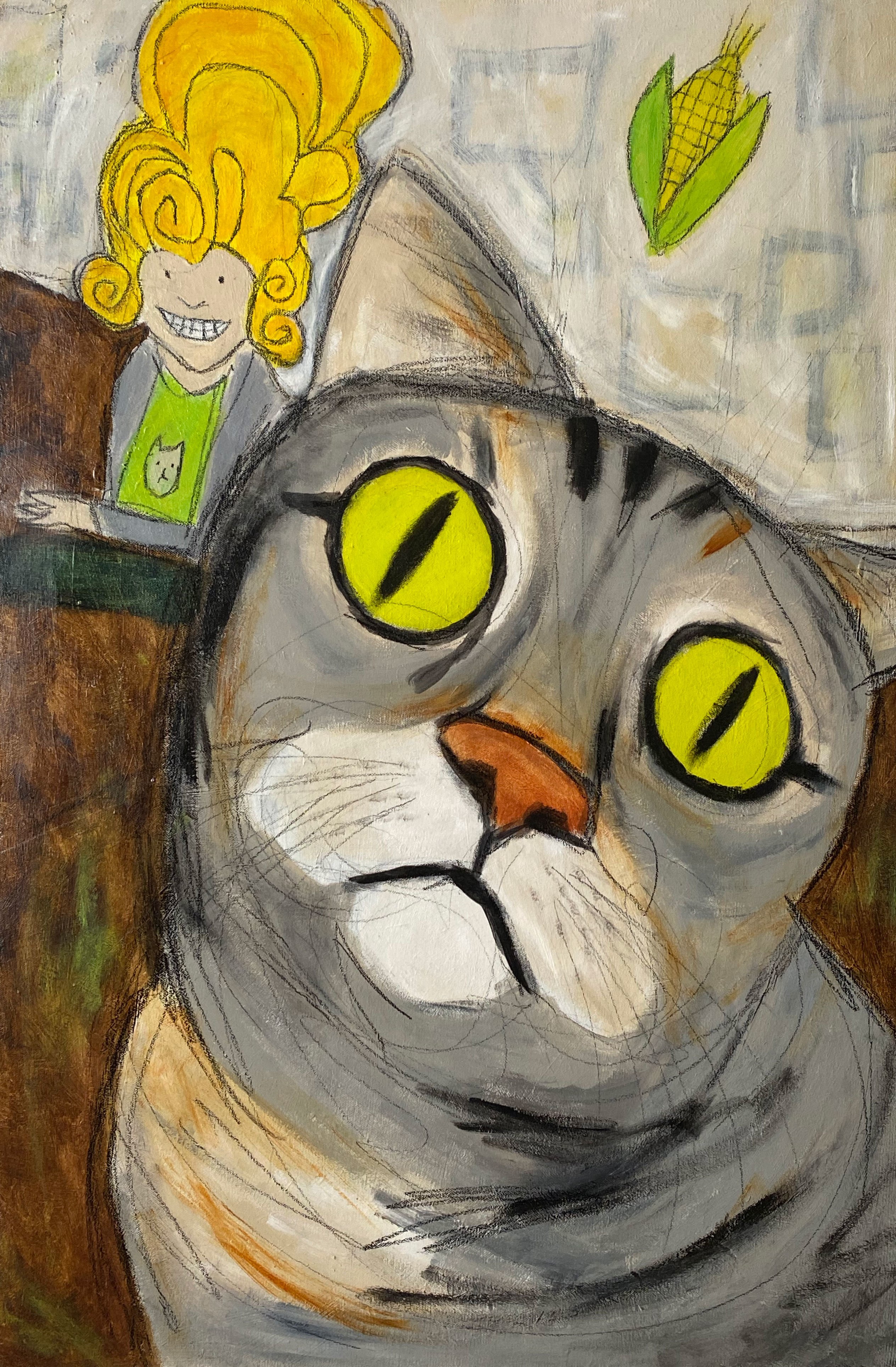 Painting of a gray tabby cat with big eyes. An ear of corn floats above her head, and a woman in a giant yellow wig sits behind her.